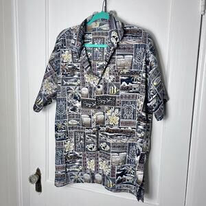 Barefoot Attitude Beach Island Fish Floral Allover Print Hawaiian Shirt Size L